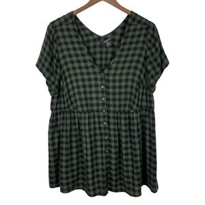 Torrid Black & Green Checkered Soft Rayon Short Sleeve Babydoll Top
